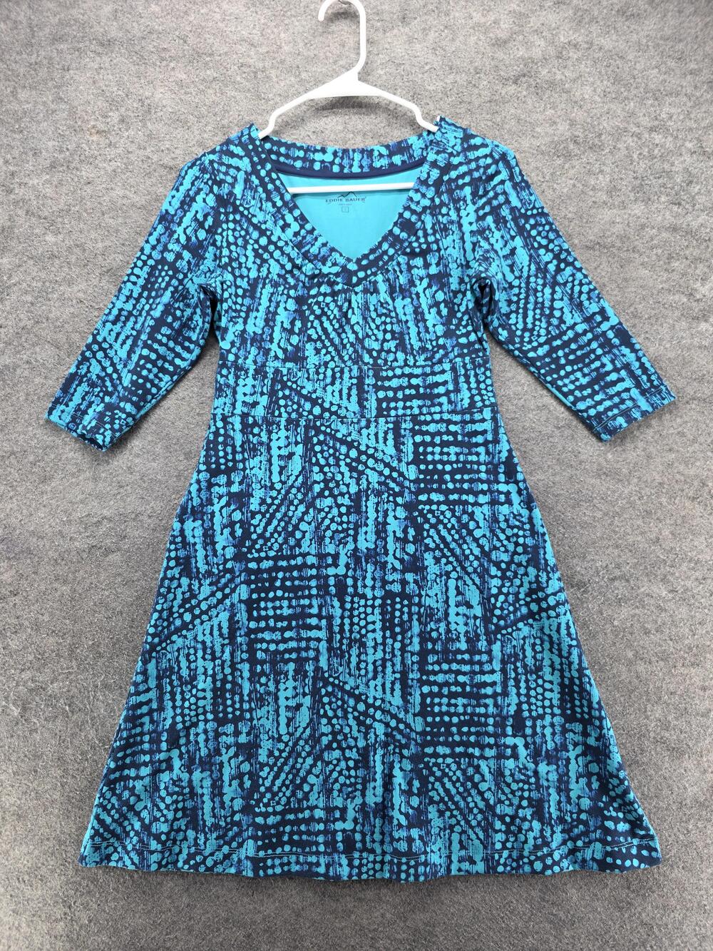 Eddie Bauer Dress Womens S Blue Fit & Flare Knee Length 3/4 Sleeve Geometric